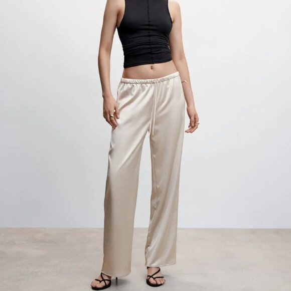 NWT Mango Satin Palazzo Trousers Pants Elastic Waist Drawstring Pull-on Large - Picture 1 of 11